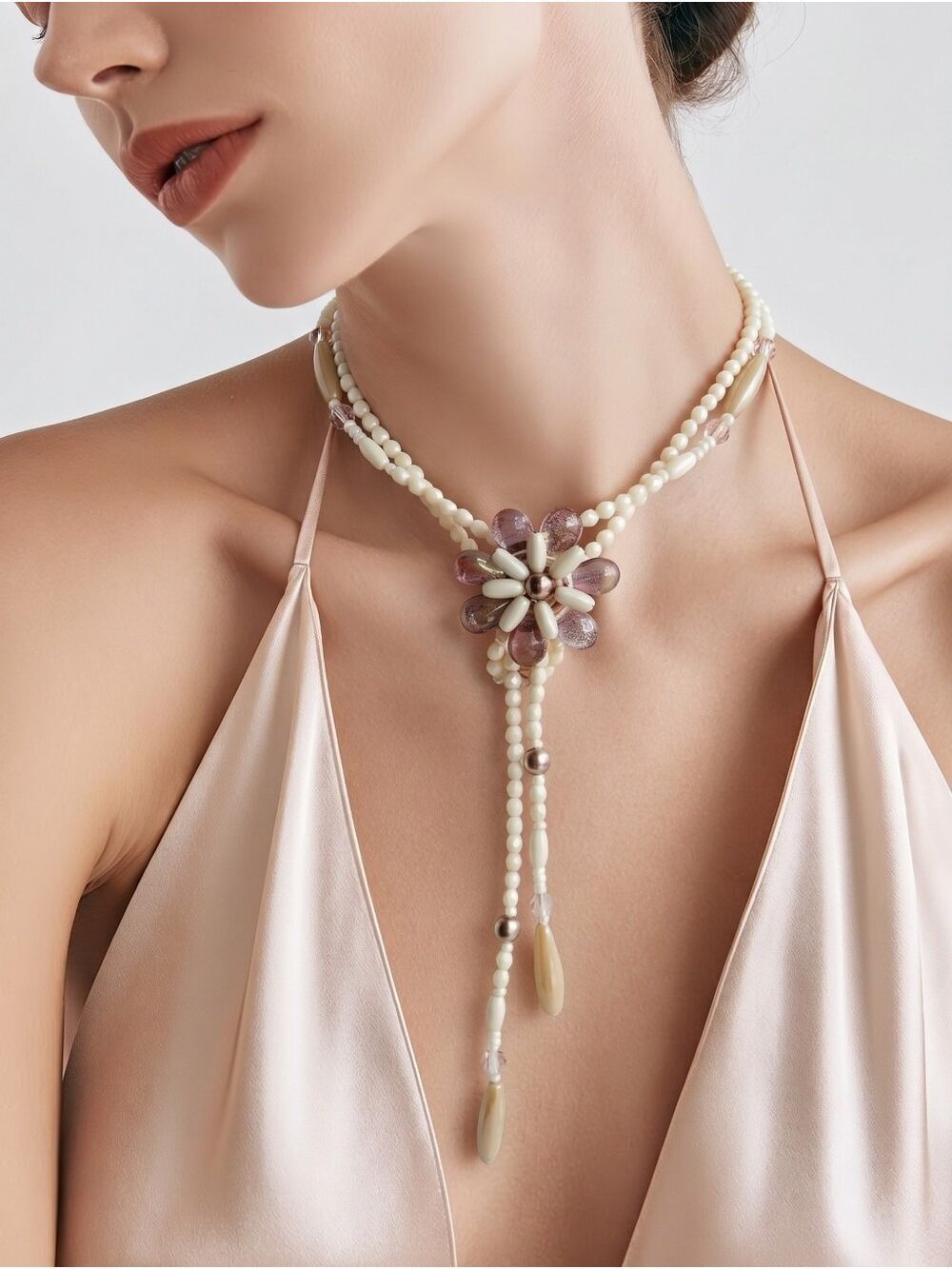 VINTAGE 70s Lariat long necklace of pearly beads in cream and rose